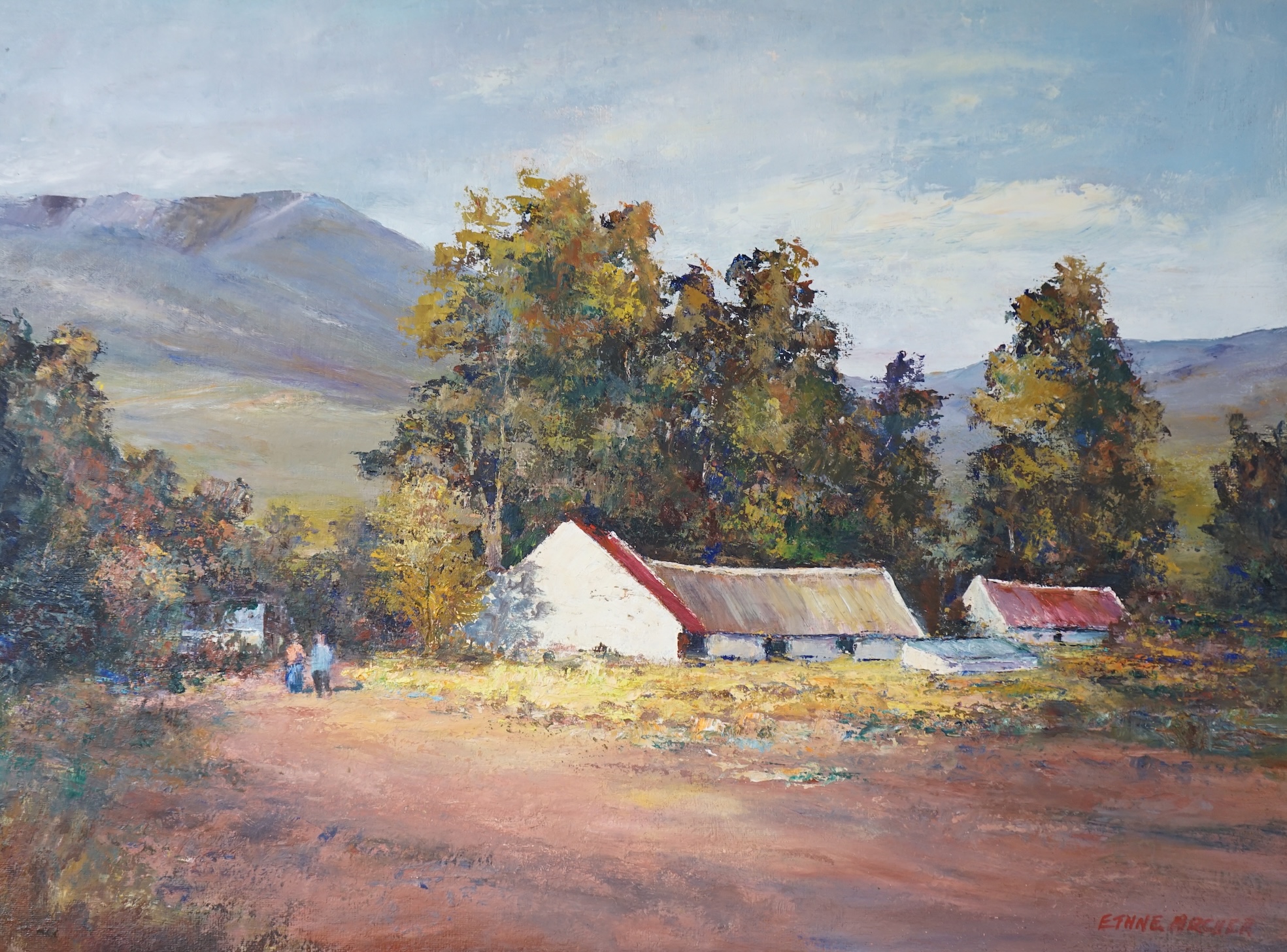 Ethne Archer, oil on board, ‘Natal Midlands, South Africa’, signed, 45 x 60cm. Condition - good